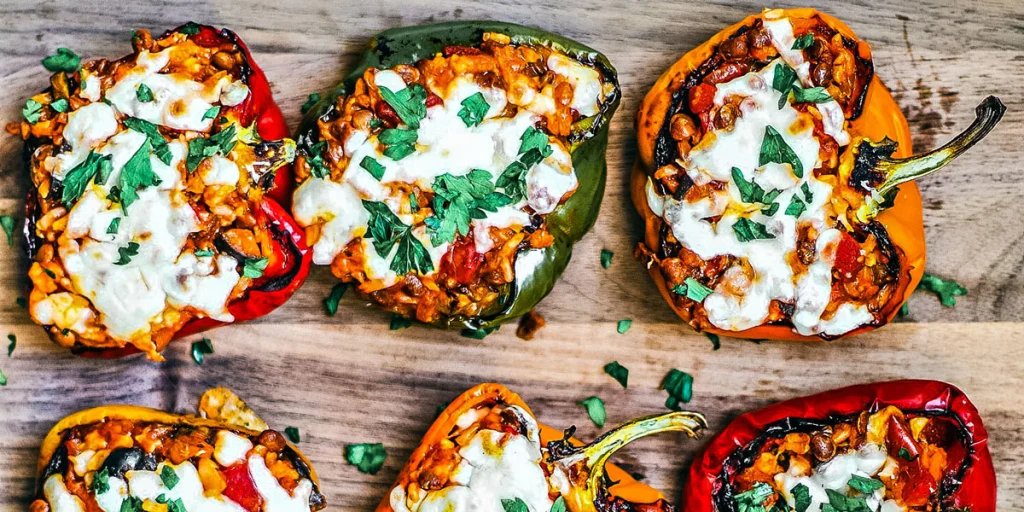 Vegetarian chilli-stuffed peppers with feta topping